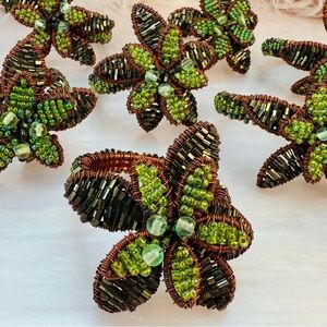 Vintage Coastal Beaded Beach Green wire Wrapped Palm Tree Napkin Rings set of 8